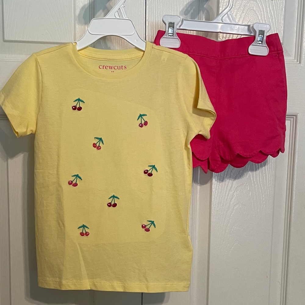 J. Crew Crewcuts Yellow Tee with Cherry Embroidery and Pink Scallop Shorts